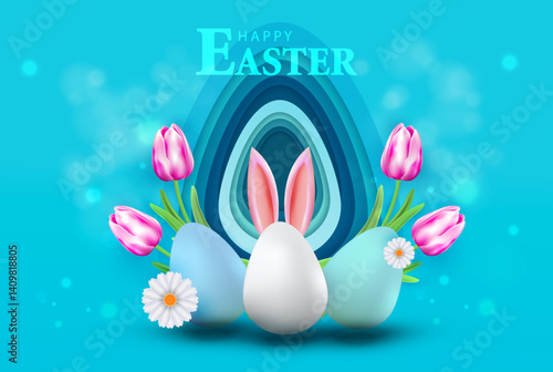 Easter blue banner with eggs, tulip, bunny ears and flower. Holiday 3D cartoon card design. Happy Easter vector.