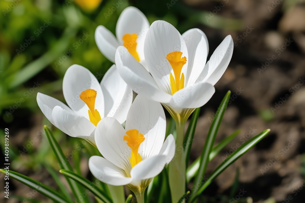 Obraz premium A bunch of white flowers with yellow centers. The flowers are in a garden and are surrounded by green grass