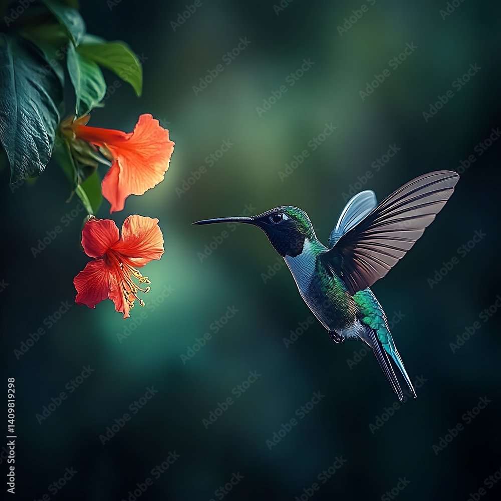 Fototapeta premium Graceful hummingbird flying around flowers in vintage pastel tones image