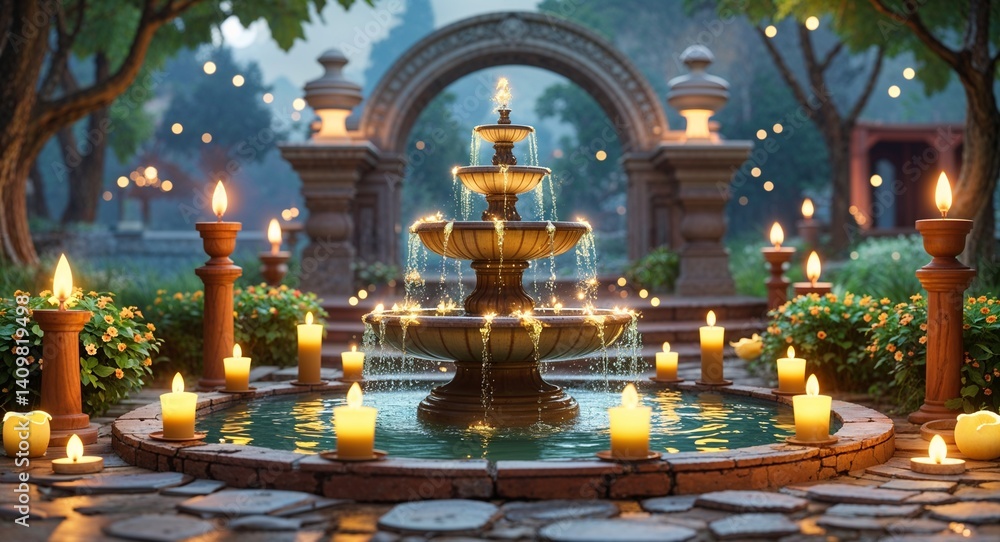 Fototapeta premium Magic fountain surrounded by candles 3d render scene video game concept background illustration digital artwork