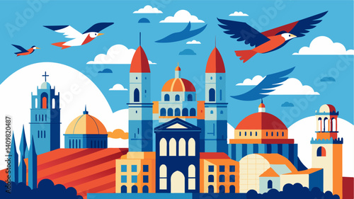 Congregations of eVTOLs fly over a city known for its rich history and culture bringing a modern twist to its classic charm.. Vector illustration
