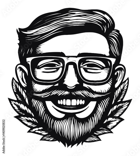Vintage Engraving Style Portrait of a Smiling Man with Glasses