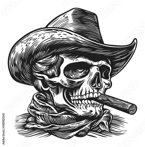 Detailed Black and White Engraving of a Cowboy Skull with Cigar