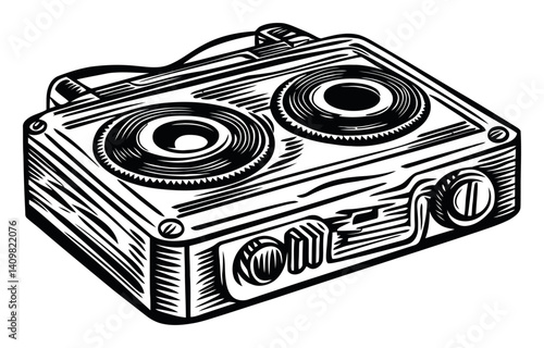 Vintage Engraving of a Classic Tape Recorder with Detailed Design