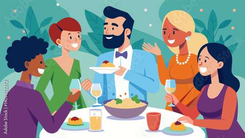 As the quinoa dish is passed around the guests can hear the laughter and lively conversations of a dinner party in full swing.. Vector illustration
