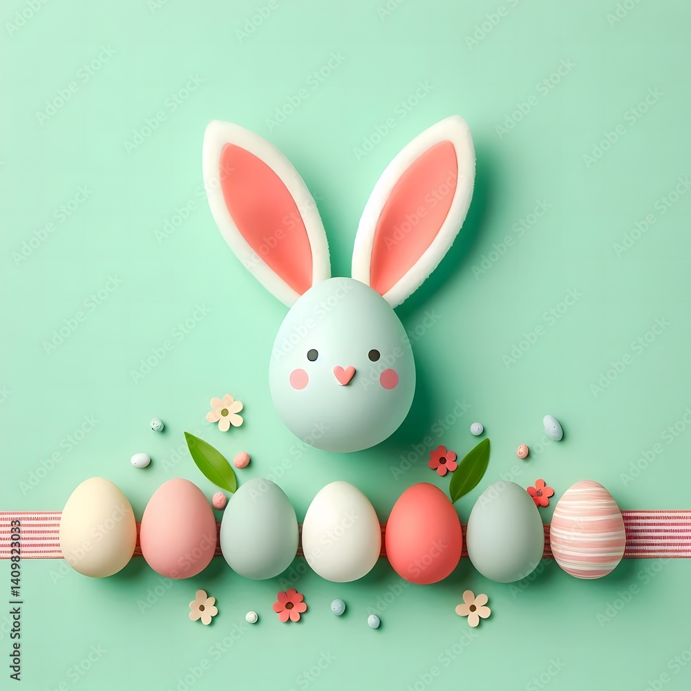 Playful Easter flat lay featuring pastel-colored eggs, bunny ears, and delicate floral decorations set against a mint green background, evoking a cheerful spring celebration Playful Easter flat lay featuring pastel-colored eggs, bunny ears, and delicate floral decorations set against a mint green background, evoking a cheerful spring celebration