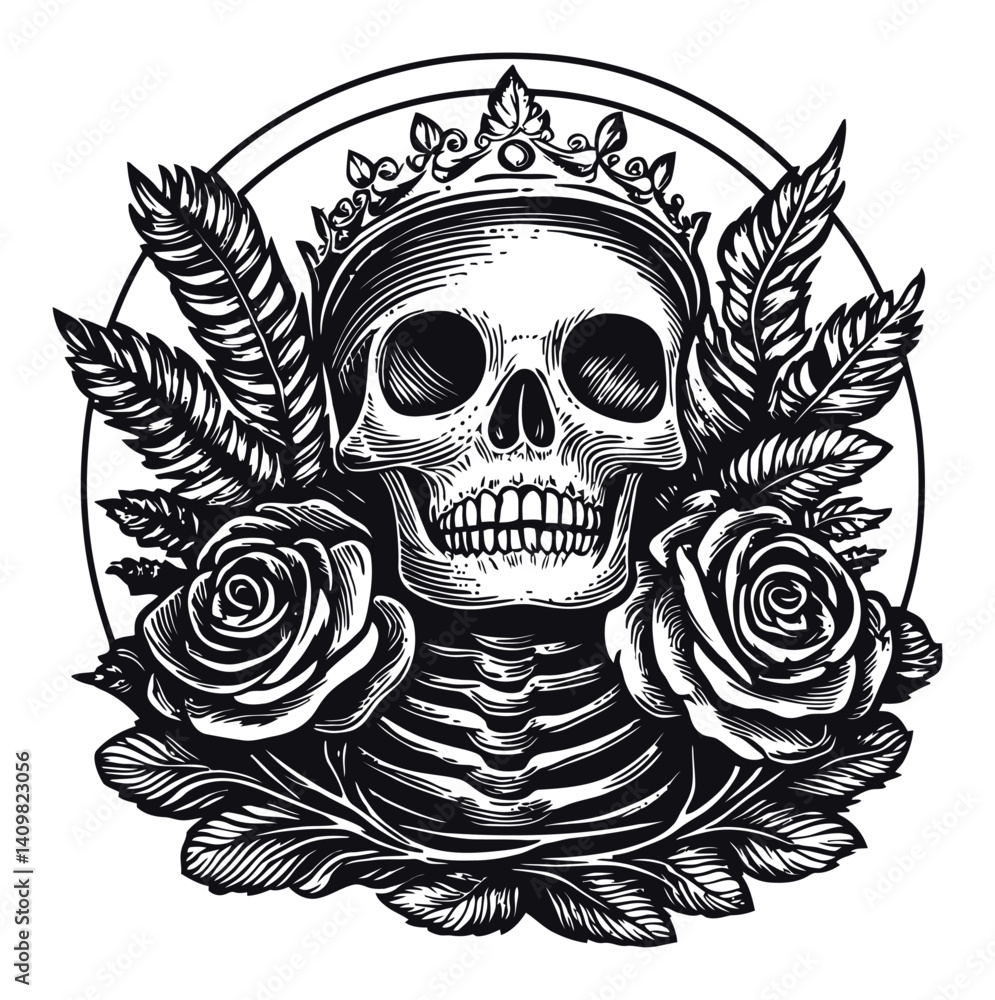 Intricate Engraving of a Skull Surrounded by Roses and Foliage Intricate Engraving of a Skull Surrounded by Roses and Foliage