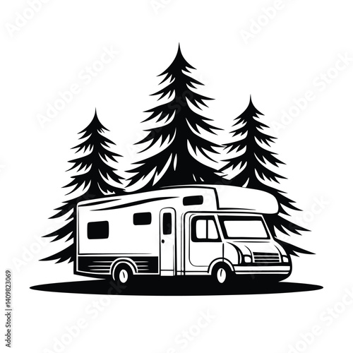 RV in Forest, Monochrome Camper Van Icon, Outdoors, Nature, Black and White Design