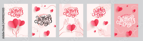 Mother's day greeting card set. Vector banner with flying pink paper hearts and hand drawn outline. Symbols of love on white background