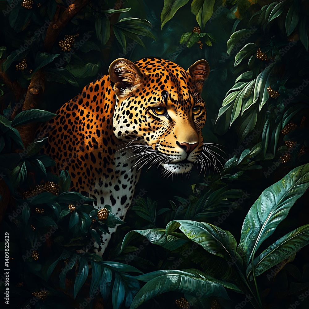 Naklejka premium Intricate leopard fur and intense eyes in tropical jungle image