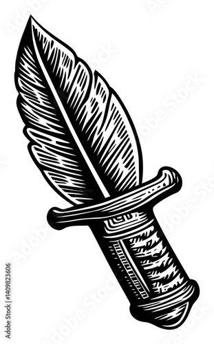 Detailed Engraving of a Dagger with a Leaf-Shaped Blade Design