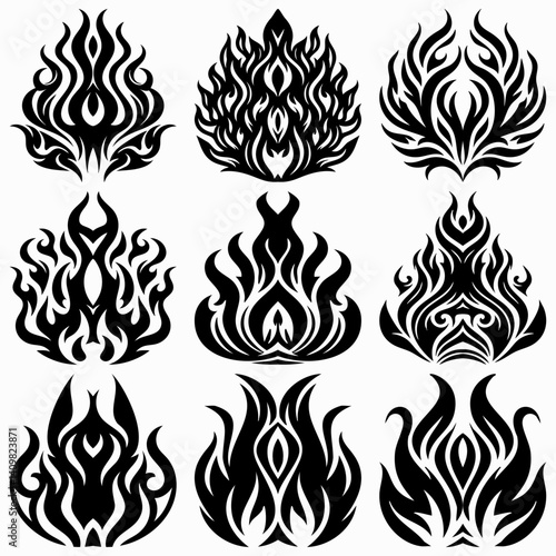 Tribal Flame Tattoo Set – Vector Collection of Stylized Fire Symbols