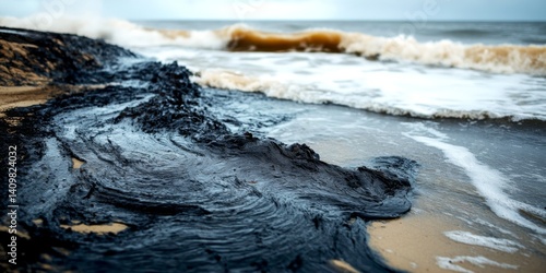 Obraz na płótnie A mesmerizing view of waves washing ashore, blending black sand and frothy white water. The beauty of nature is on full display in this stunning coastal scene. Perfect for ocean lovers. AI w salonie