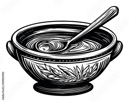 Engraved Bowl with Spoon and Decorative Leaf Patterns in Black and White