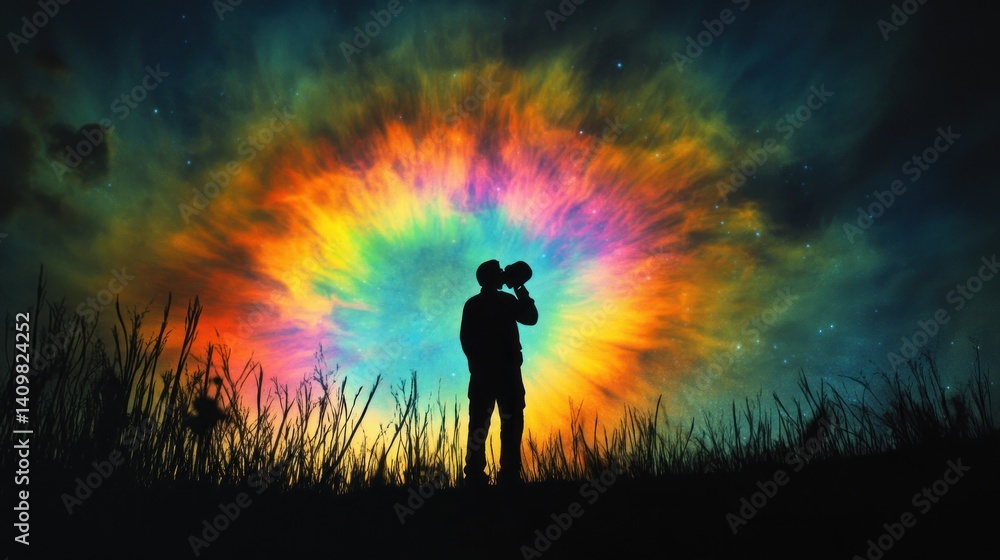 Fototapeta premium Silhouette of a person gazing at a vibrant, cosmic rainbow. A surreal night scene filled with wonder and dreams.