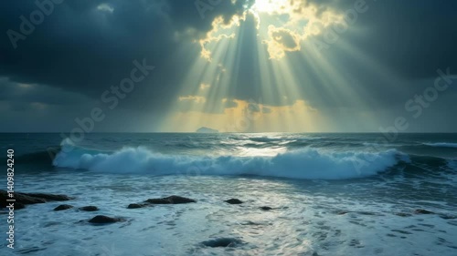 Rays of Light Shine Through Dark Clouds Over Ocean Waves