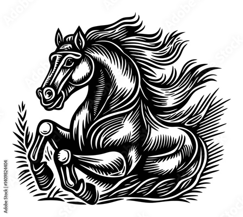 Detailed Engraving of a Horse with Flowing Mane and Powerful Stance