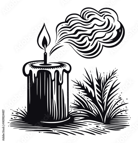 Elegant Engraving of Candle with Smoke and Plant Illustration
