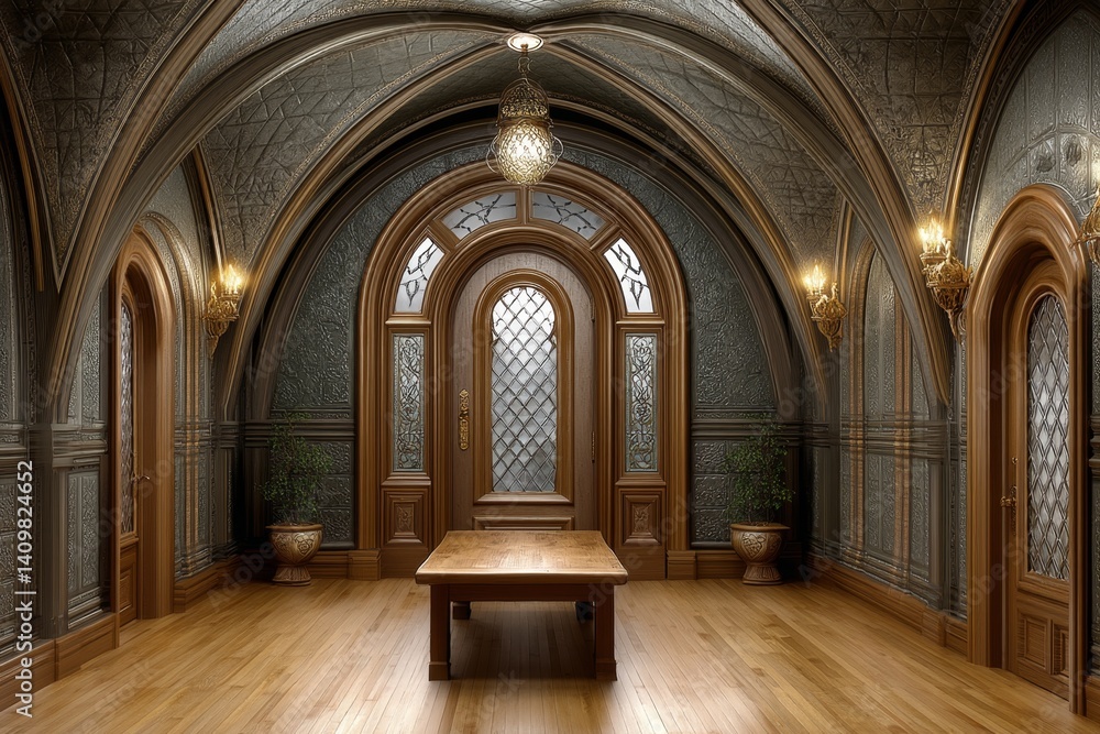 Obraz premium A dark gothic hall where a shadowy council debates over a prisoner fate for the “greater goodâ€