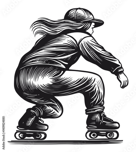 Roller Skate Engraving of a Young Woman in Motion on Rollerblades