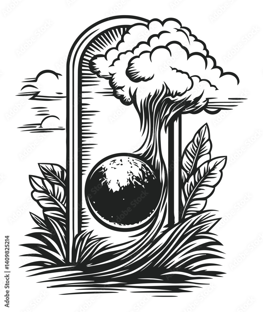 Fototapeta premium Artistic Engraving of a Tree and Sphere with Leafy Surroundings