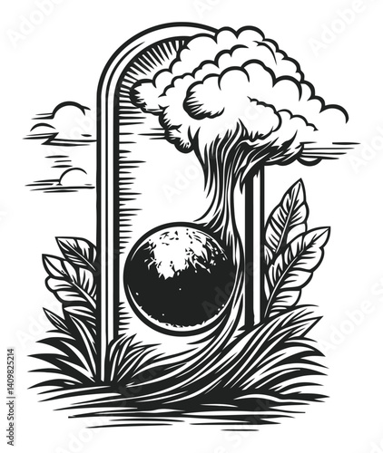 Artistic Engraving of a Tree and Sphere with Leafy Surroundings