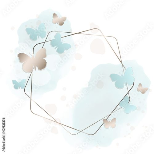 Elegant golden frame with butterflies and watercolor splashes. Delicate pastel blue and gold design for wedding invitations, greeting cards and luxury templates. 