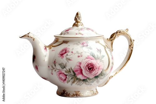 Floral teapot with gold trim isolated on white background csvgen