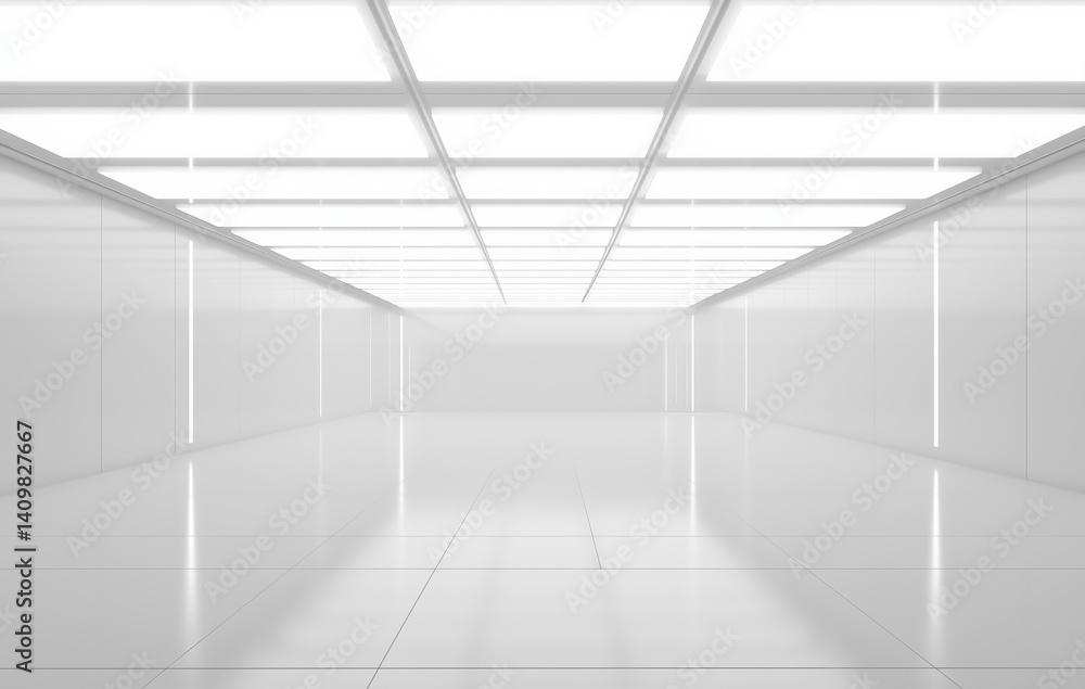 Obraz premium bright, minimalistic white interior with futuristic feel, featuring glossy floor and illuminated ceiling panels, creating spacious and modern atmosphere