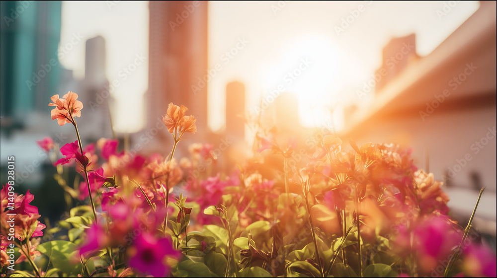 Obraz premium Vibrant flowers blooming against a city skyline at sunset 