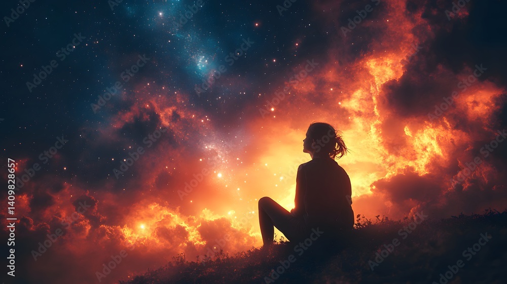 Contemplation Under Cosmic Flames: A silhouette gazes upon a breathtaking night sky ablaze with vibrant cosmic clouds, blending mystery and awe. Contemplation Under Cosmic Flames: A silhouette gazes upon a breathtaking night sky ablaze with vibrant cosmic clouds, blending mystery and awe.