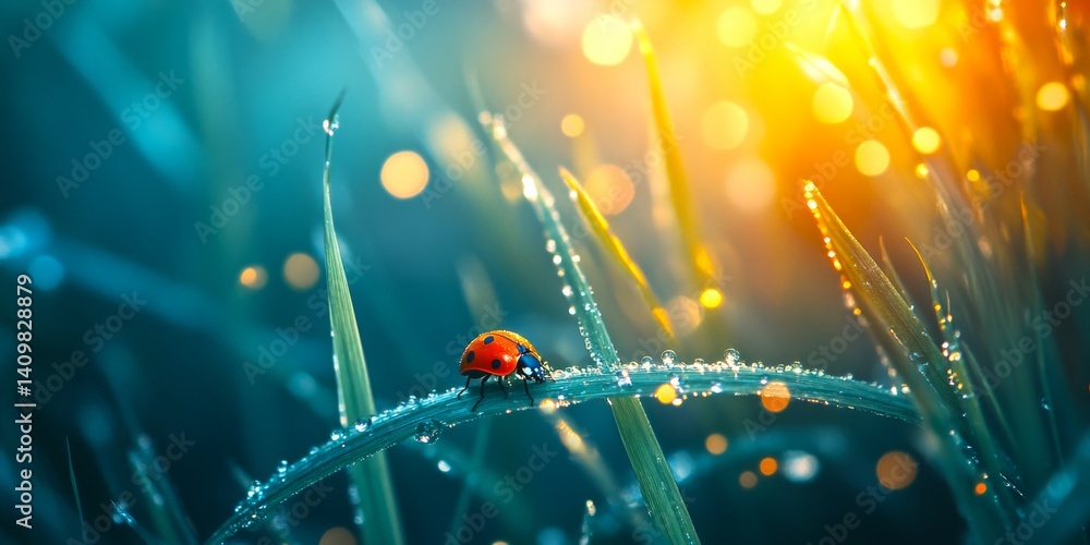 A vivid close-up of a ladybug perched on a dew-covered blade of grass. The soft focus creates a magical atmosphere. Perfect for nature enthusiasts and photographers. AI