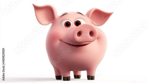 Maialino giocattolo divertente, di colore rosa. Ha grandi occhi scuri, un muso rosato e grandi orecchie. Sfondo bianco