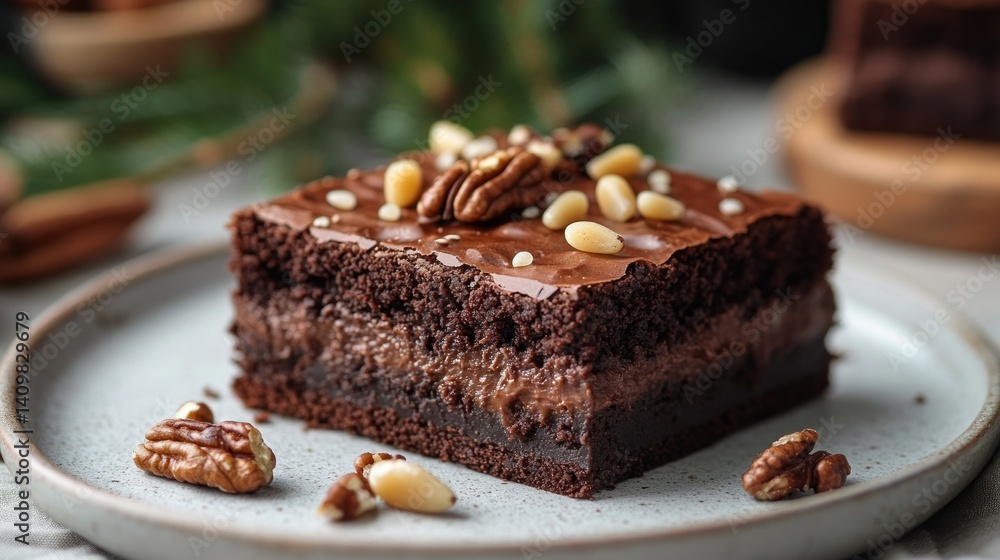 Decadent chocolate brownie slice topped with nuts Decadent chocolate brownie slice topped with nuts