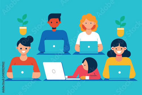Group of diverse individuals engaged in online work at a bright and modern workspace