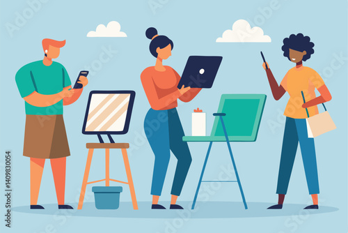 Creative individuals engaged in artistic activities in a sunny workspace with tools and technology