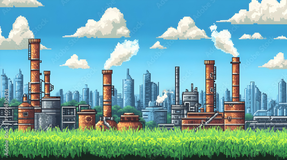Pixel Art Style Depiction of Industrial Area with Factories Belching Smoke Under a Blue Cloudy Sky and Green Field in Foreground Pixel Art Style Depiction of Industrial Area with Factories Belching Smoke Under a Blue Cloudy Sky and Green Field in Foreground