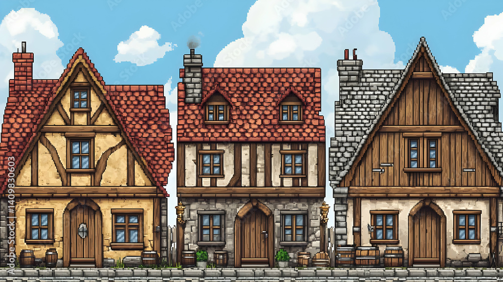 Pixel Art Style Depicts Three European Medieval Buildings with Stone and Brick Facades and Varied Roofs Under a Clear Sky Pixel Art Style Depicts Three European Medieval Buildings with Stone and Brick Facades and Varied Roofs Under a Clear Sky