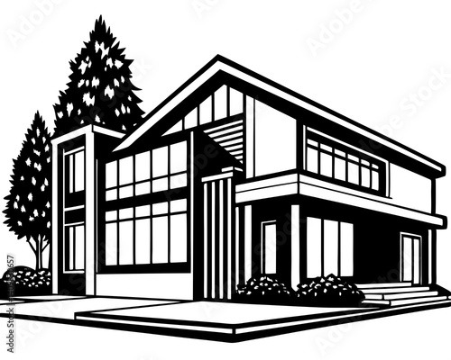 A modern suburban home with crisp lines and broad windows.



