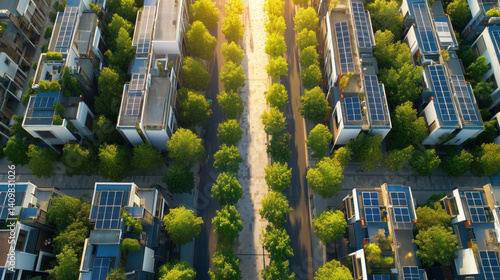 Modern sustainable neighborhood with solar panels and green trees seen from above at sunrise