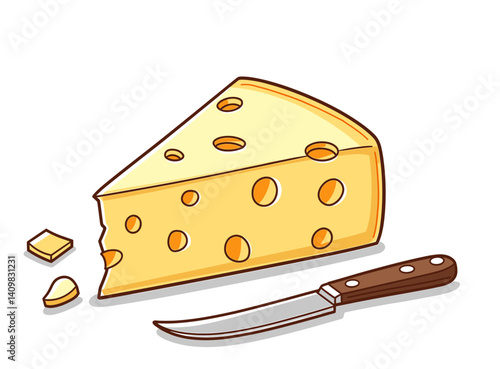 Icon of isolated wedge of parmesan cheese with knife, minimalist line art style for culinary blogs, websites, and educational content