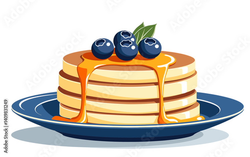Icon of stacked pancakes dripping with maple syrup and topped with blueberries on a deep blue plate, ideal for culinary blogs and recipe illustrations