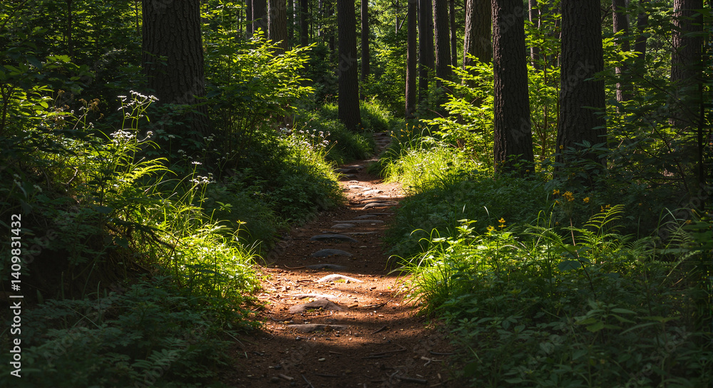 Obraz premium Lush Forest Pathway Illuminated by Sunlight