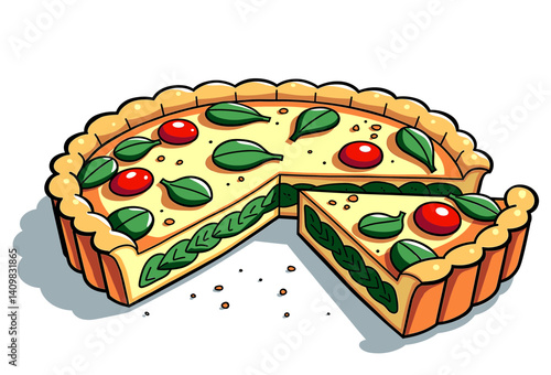 Isolated quiche with spinach and cherry tomatoes, minimalist vector art, suitable for culinary blogs and presentation designs