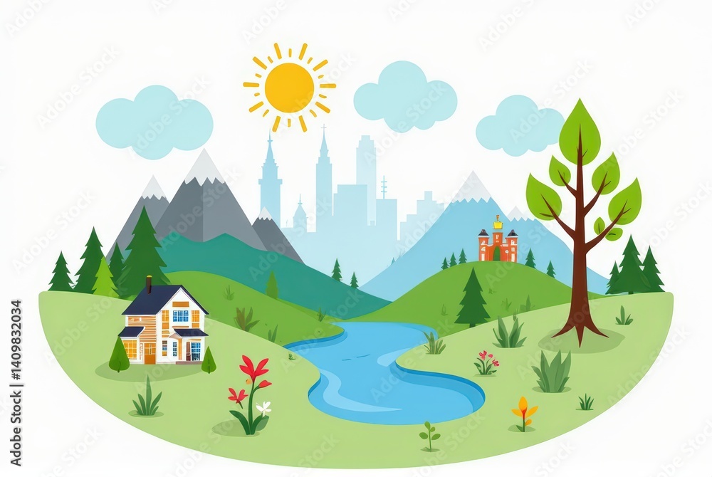 Scenic river flowing through lush mountains and vibrant landscape peaceful nature setting brightly illustrated view Scenic river flowing through lush mountains and vibrant landscape peaceful nature setting brightly illustrated view