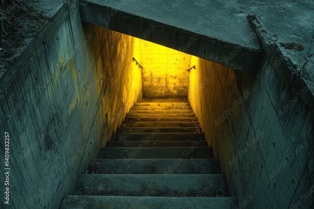 Obraz premium Mysterious underground concrete stairway with eerie yellow glow