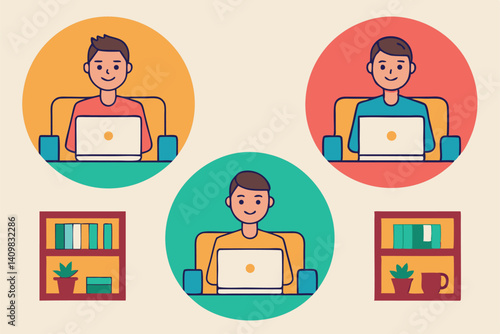 Three individuals working on laptops in a cozy home office setting with colorful backgrounds and bookshelves
