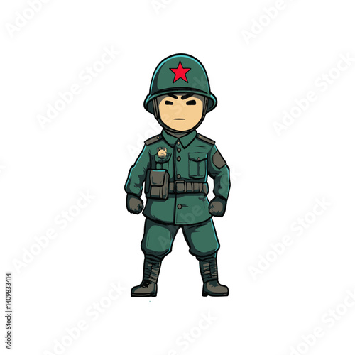 A soldier of the Chinese People's Liberation Army, wearing a green uniform with a red star on the helmet and black boots