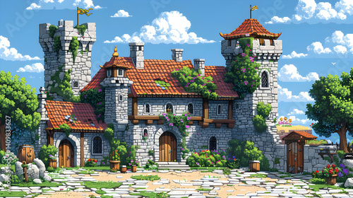 Pixel Art Style Stone Castle with Towers Red Tile Roof and Green Plants Under Blue Sky Detailed Exterior Architecture with Medieval Theme