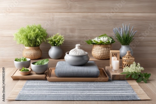 A traditional Thai massage mat setup with herbal compress on the side